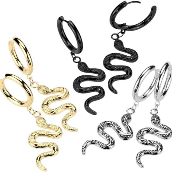 Sterling Silver 18GA Snake Dangling Hoop Earrings for Women, Hinged Design, No G - Picture 3 of 4